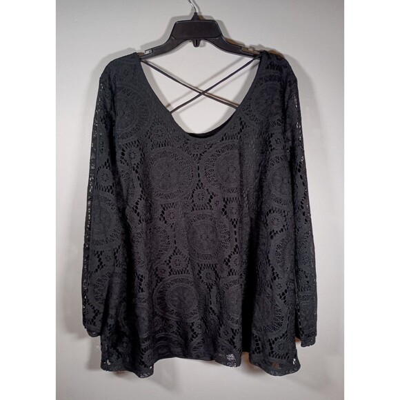 Ing+ USA Black Crochet Lace Lined Sheer Long Sleeves Criss Cross Top Size 2X - Picture 1 of 5